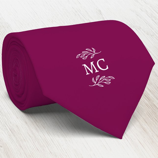 Corbata Monogram Initial Crest Botanical Leaf Cherry Pink (Simple botanical leaf monogram initials personalized crest neck tie)