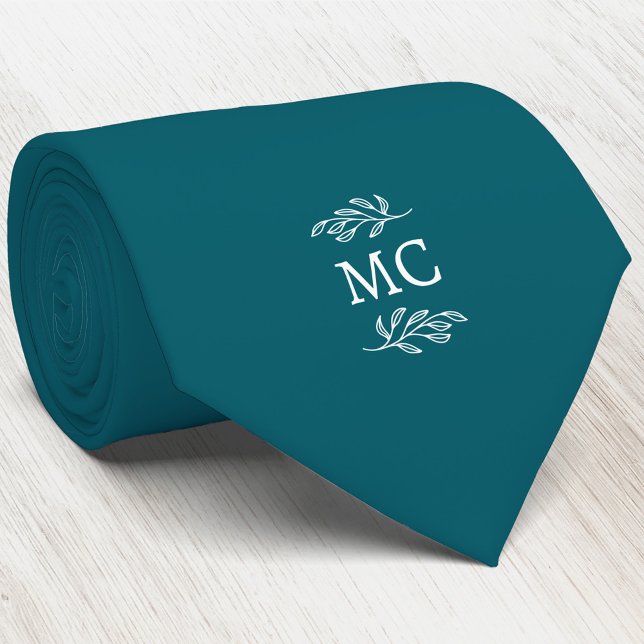 Corbata Monogram Initial Crest Botanical Leaf Teal Green (Simple botanical leaf monogram initials personalized crest neck tie)
