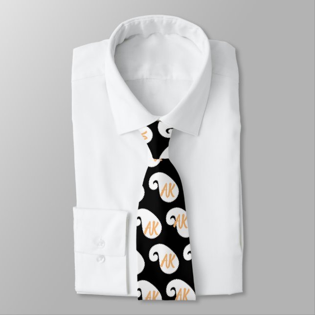 Corbata Monograma Blanco negro y Naranja Paisley (Atado)