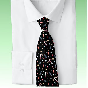Corbata Monograma, Candy Canes Gold Stars Hearts Black