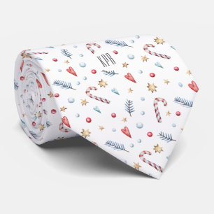 Corbata Monograma, Candy Canes Gold Stars Hearts White