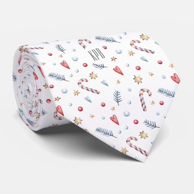 Corbata Monograma, Candy Canes Gold Stars Hearts White (Enrollado)