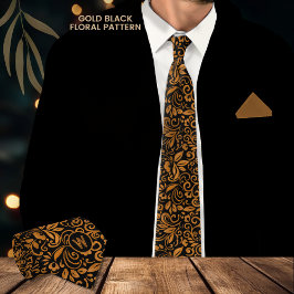 Corbata Monograma con Patrón Floral de Oro Negro Elegante