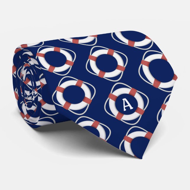 Corbata Monograma de Navy Blue Nautical Lifesaver (Enrollado)