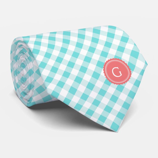 Corbata monograma de patrón de gingham de color turquesa p (Enrollado)