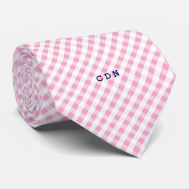 Corbata monograma de patrón de gingham de la marina rosa p