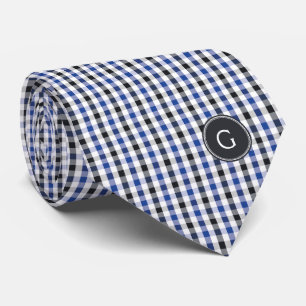 Corbata monograma de patrón de gingham negro azul preppy m