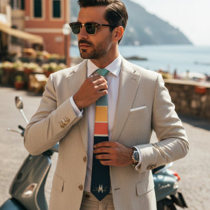 Corbata Monograma de Patrón de Rayas Rosa y Azul Marítimo 