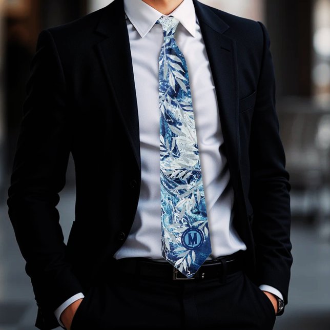 Corbata Monograma de Reflexión Elegante de Luz Azul (Elegant Blue Light Reflection Neck Tie)