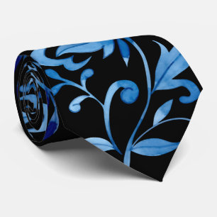 Corbata Monograma Elegante Patrón Floral Azul Vintage