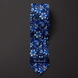 Corbata Monograma Floral Azul Cobalto