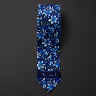 Corbata Monograma Floral Azul Cobalto