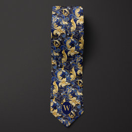 Corbata Monograma floral azul y dorado