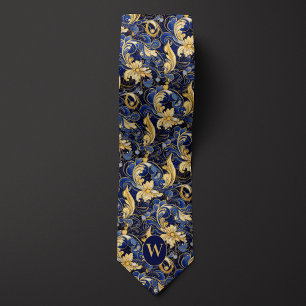 Corbata Monograma floral azul y dorado