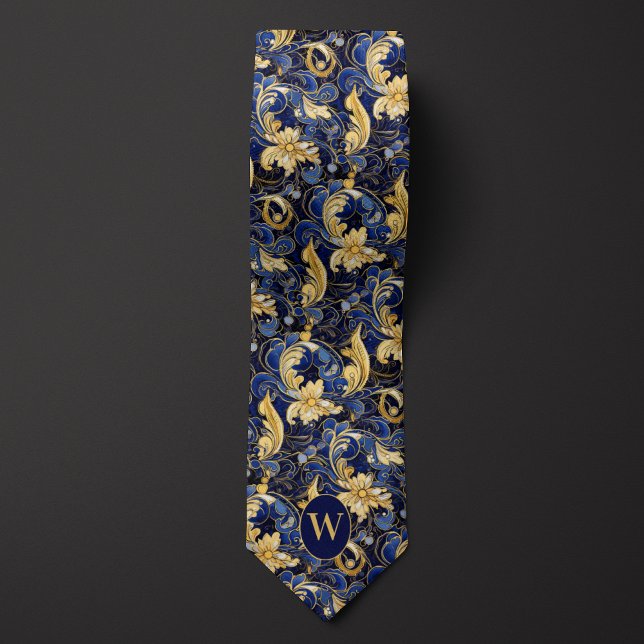 Corbata Monograma floral azul y dorado (Subido por el creador)