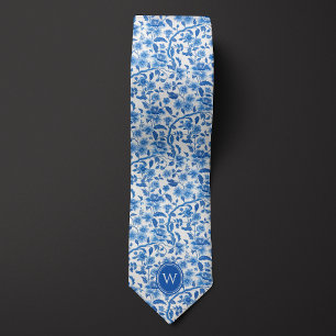 Corbata Monograma Floral Botánico Azul Clásico