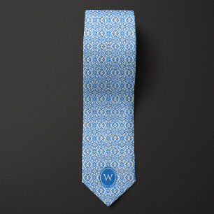Corbata Monograma Floral Botánico de Batik Azul