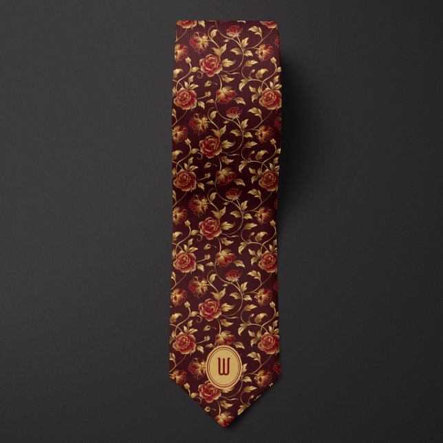 Corbata Monograma floral de Borgoña y Oro (Subido por el creador)