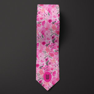 Corbata Monograma floral rosa abstracto