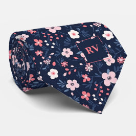 Corbata Monograma floral rosa azul de la Marina moderna