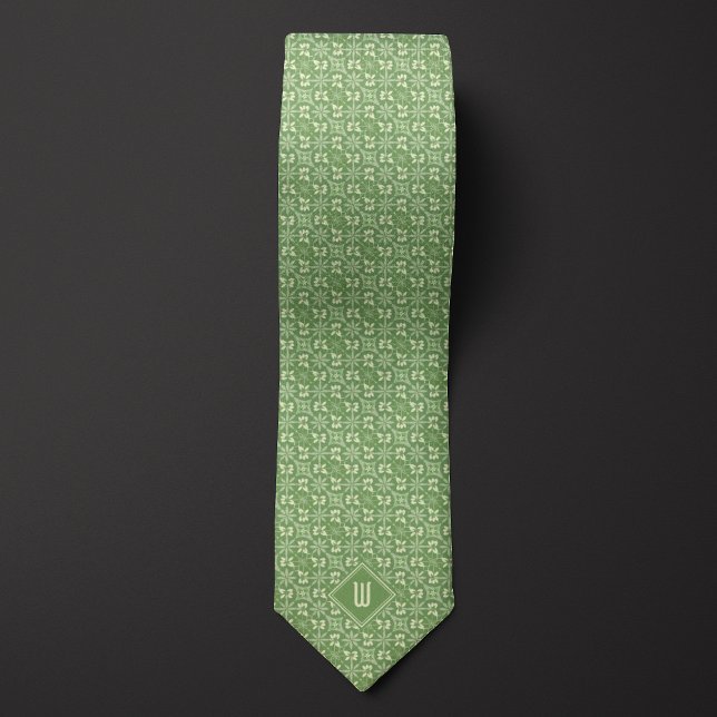 Corbata Monograma floral verde mosca y crema (Subido por el creador)