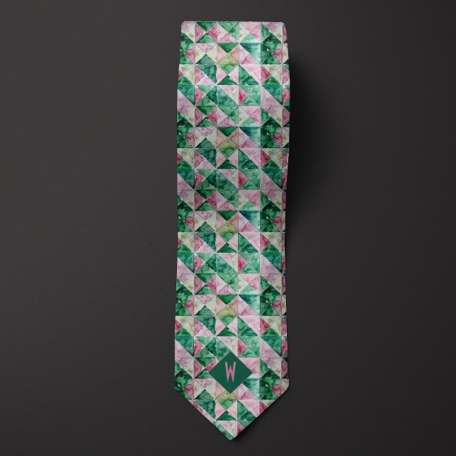 Corbata Monograma geométrico de acuarela rosa y verde (Subido por el creador)