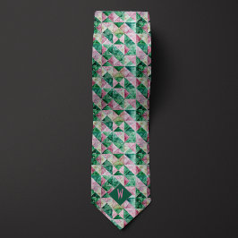 Corbata Monograma geométrico de acuarela rosa y verde