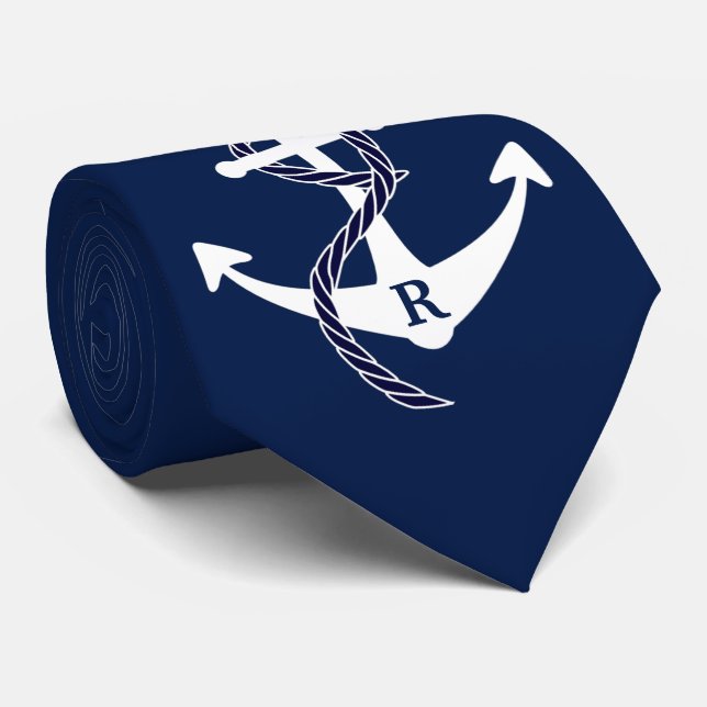 Corbata Monograma inicial personalizado ancla náutica (Enrollado)