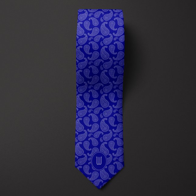 Corbata Monograma monocromo azul cobalto Paisley (Subido por el creador)
