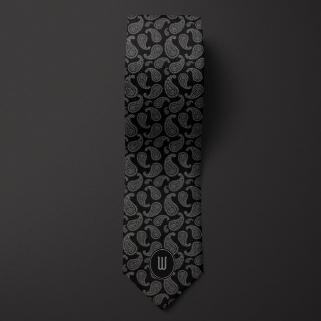 Corbata Monograma monocromo negro medio Paisley (Subido por el creador)