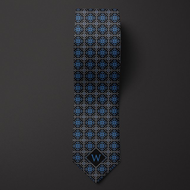 Corbata Monograma Ornate Blue & Black Arabesque (Subido por el creador)