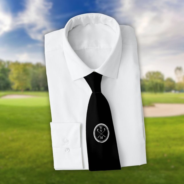 Corbata Monograma Personalizado Golf Blanco Y Negro (Personalized Monogram Black And White Golf Neck Tie)