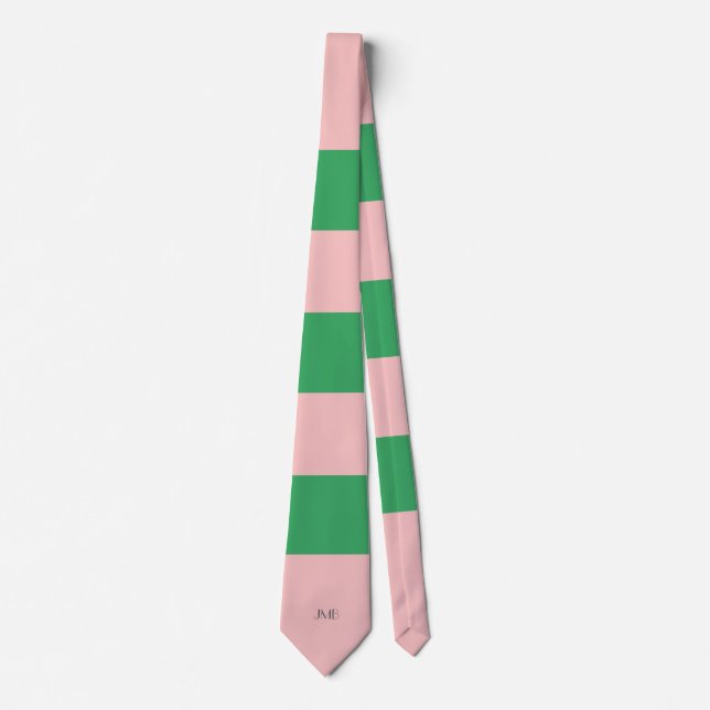 Corbata Monograma rosa pálido y rayado verde | PERSONALIZA (Anverso)