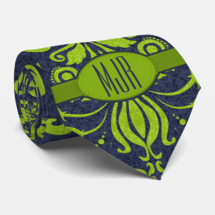 Corbata Monograma Swirl de Jade Green y Marina Damask