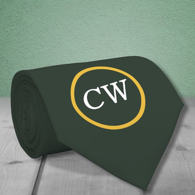 Corbata Monograma verde de oro y bosque elegante (Stylish Gold & Forest Green Monogram Neck Tie)