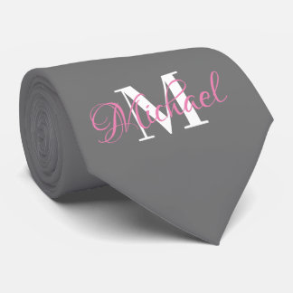 Corbata monogramada gris y rosa
