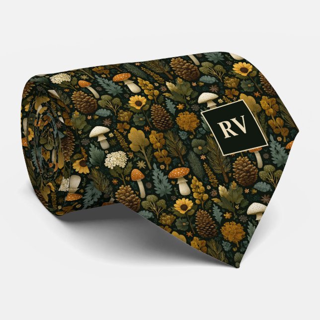 Corbata Monogramed Forest Mushroom Autumn Pinecone (Enrollado)