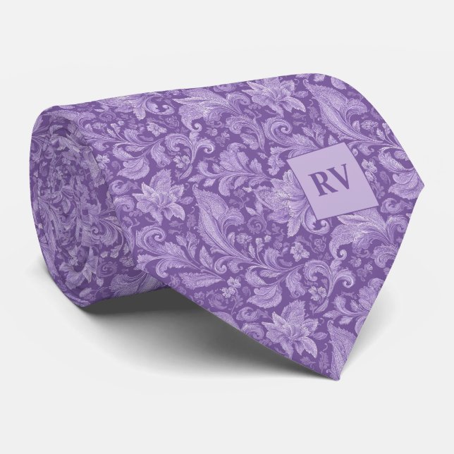 Corbata Monogrammed Purple Baroque Leaf Scroll Pattern (Enrollado)