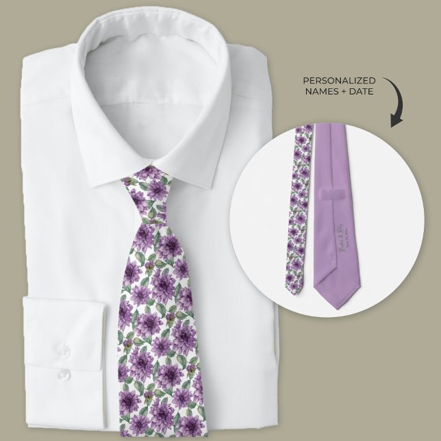 Corbata Morado Dahlia Floral Groomsmen personalizado (Purple dahlia floral personalized wedding tie for groomsmen)