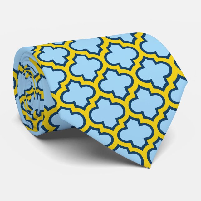 Corbata Mosaico azul y amarillo, Entramado, Quatrefoil (Enrollado)