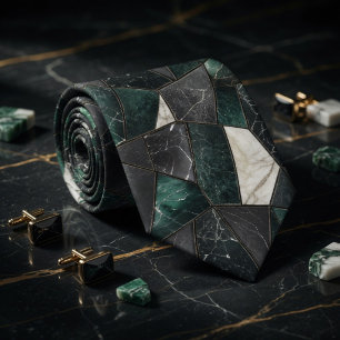 Corbata Mosaico Geométrico de Mármol Esmeralda Oscuro y Ca