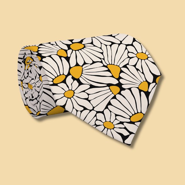 Corbata Mostaza floral retro crema amarilla negro (Retro floral daisy dream tie)