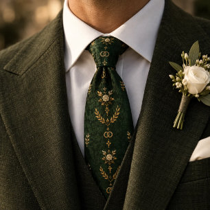 Corbata Motivo de anillo de boda de rosa dorada verde bosq