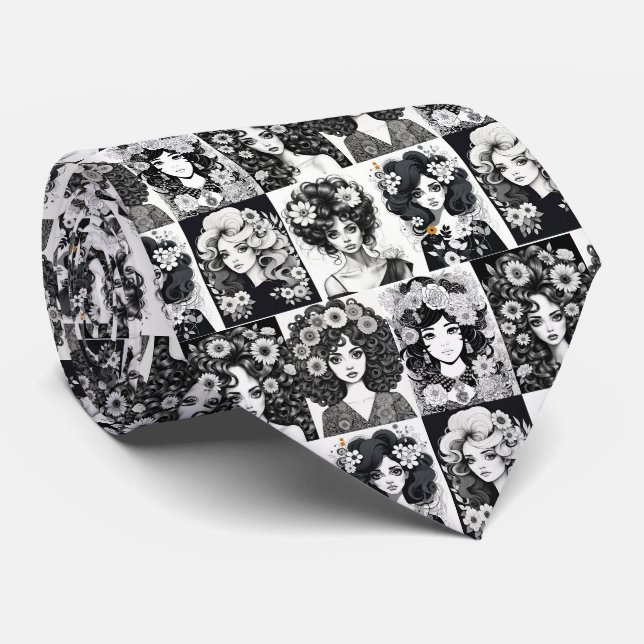 Corbata Mujeres caprichosas en blanco y negro (Enrollado)