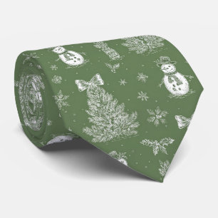 Corbata Muñeco de nieve vintage Toile Navidad Verde salvia