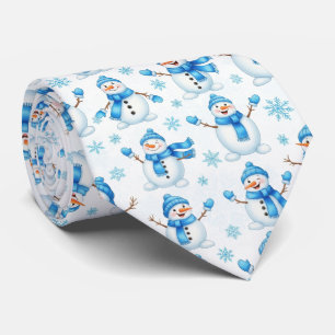 Corbata Muñecos de nieve alegres y copos de nieve azules –