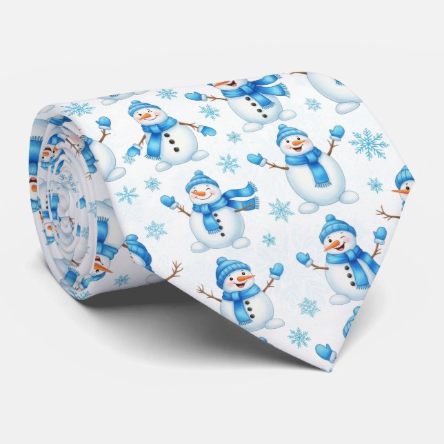 Corbata Muñecos de nieve alegres y copos de nieve azules – (Enrollado)