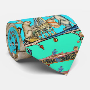 Corbata MÚSICA MEDIEVAL BESTIARIA, conejo, azul perro