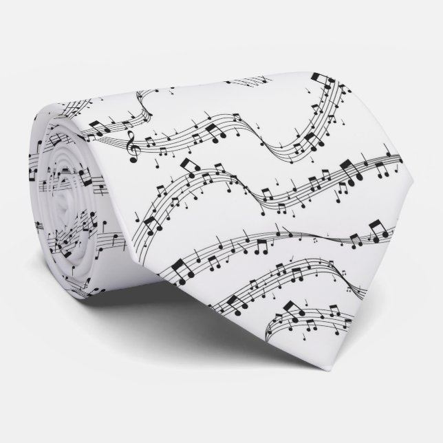 Corbata Músico de patrón de notas musicales en blanco y ne (Enrollado)