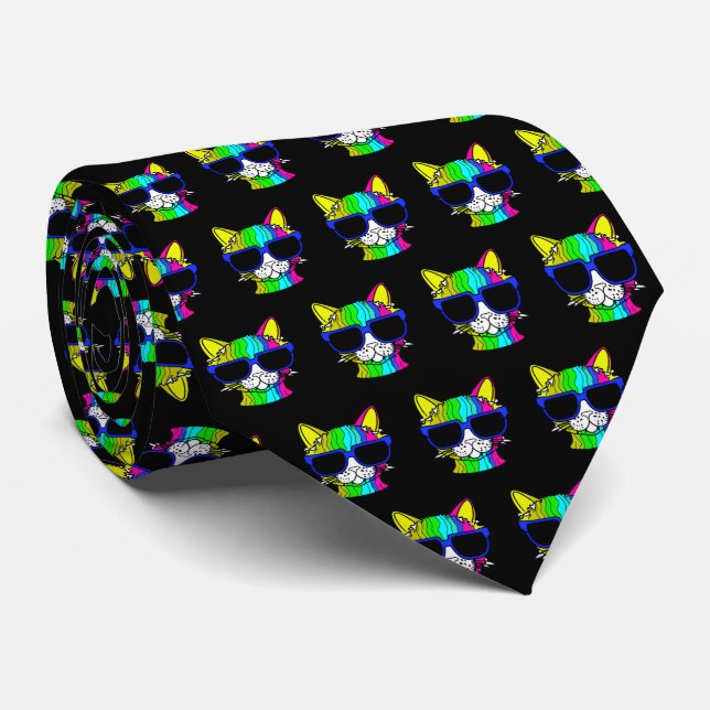 Corbata Muy Guay Rainbow Cat con Sunglass Pattern on Black (Enrollado)